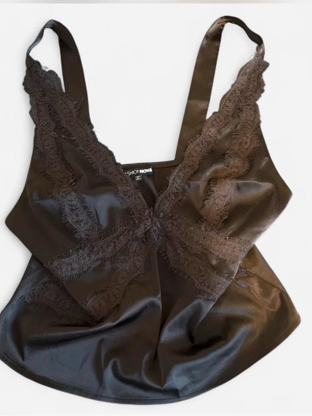 Fashion Nova Brown Satin Lace Trim Cami